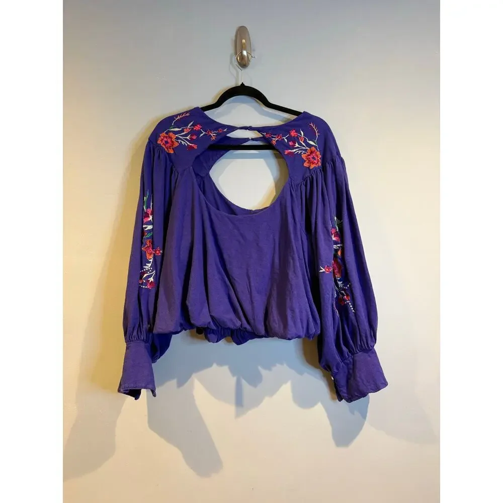 Free People Embroidered Cutout Front Peasant Top